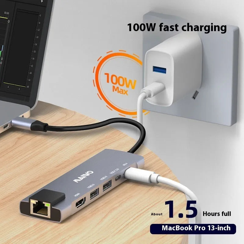 Steam Deck six-in-one docking station with aluminium shell, HDMI, Ethernet, and USB-C ports.