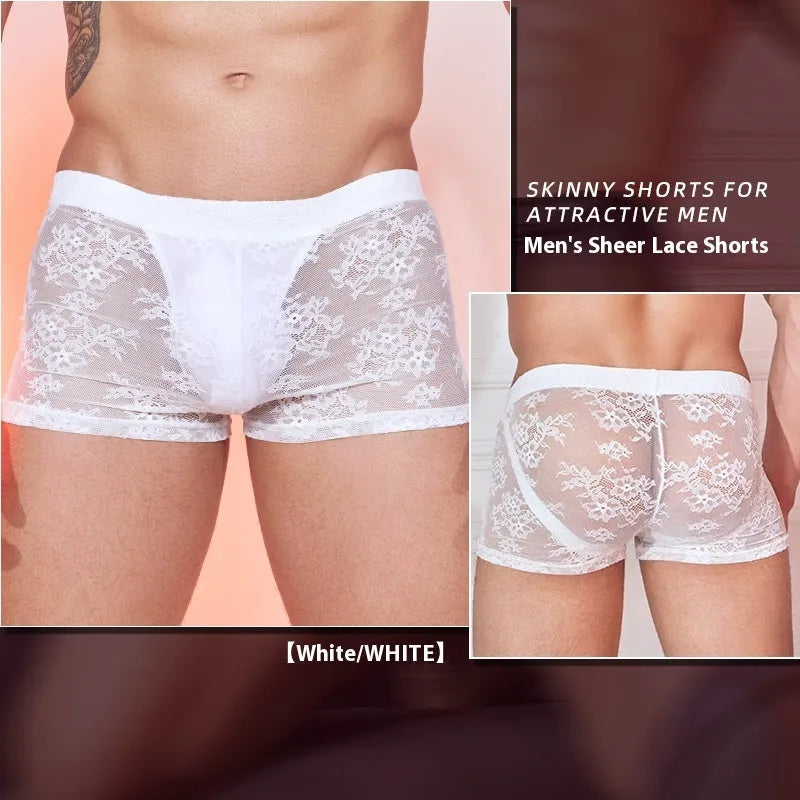 Men's lace trim boxers in black, white, and red colours made from nylon fabric