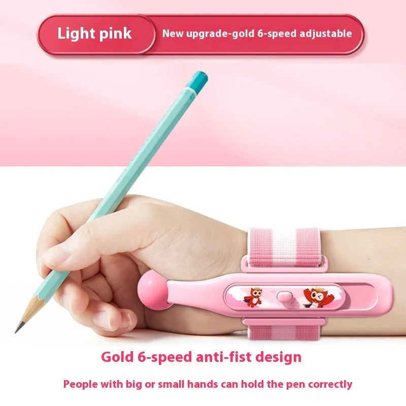 Blue Anti-hook Holder Pen Control Corrector, a wrist brace and pencil grip for children's handwriting.