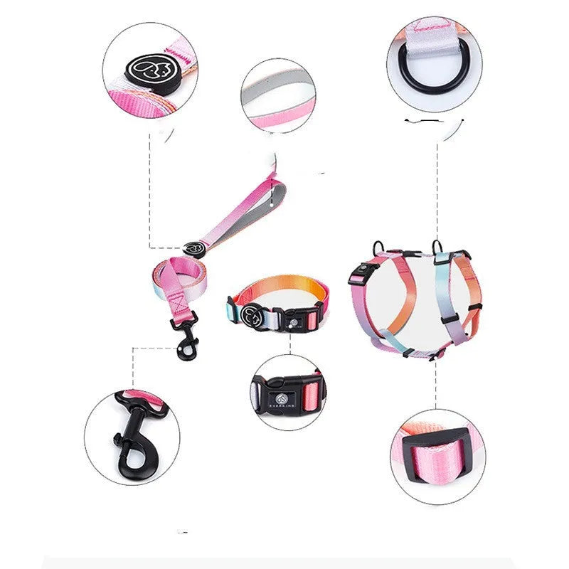 Gradient colour dog chest and back harness made from polyester fabric.
