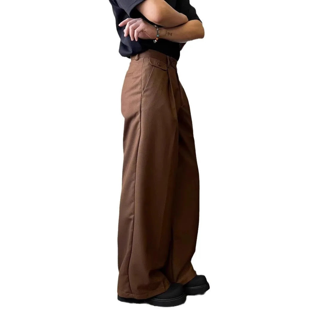 Men's straight-leg casual trousers with loose wide-leg cut and draping design in black or brown