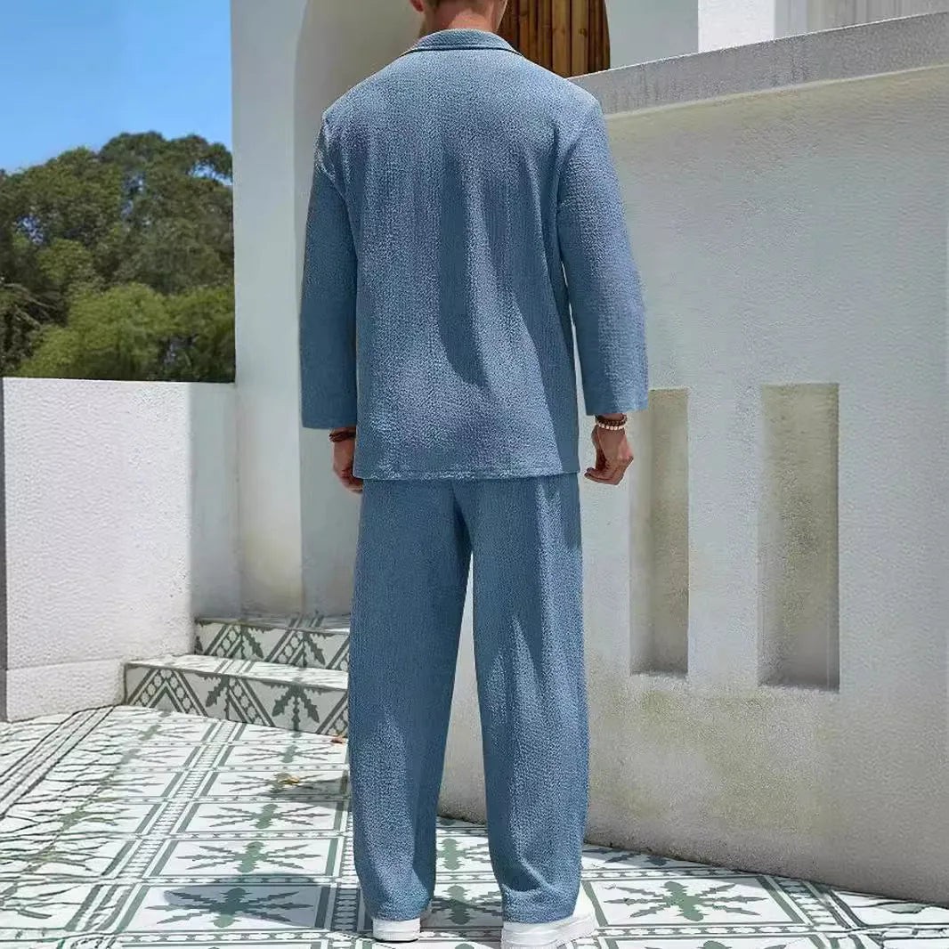 Men's casual shirt and trousers suit set in four colour options: lake blue, khaki, black, caramel.
