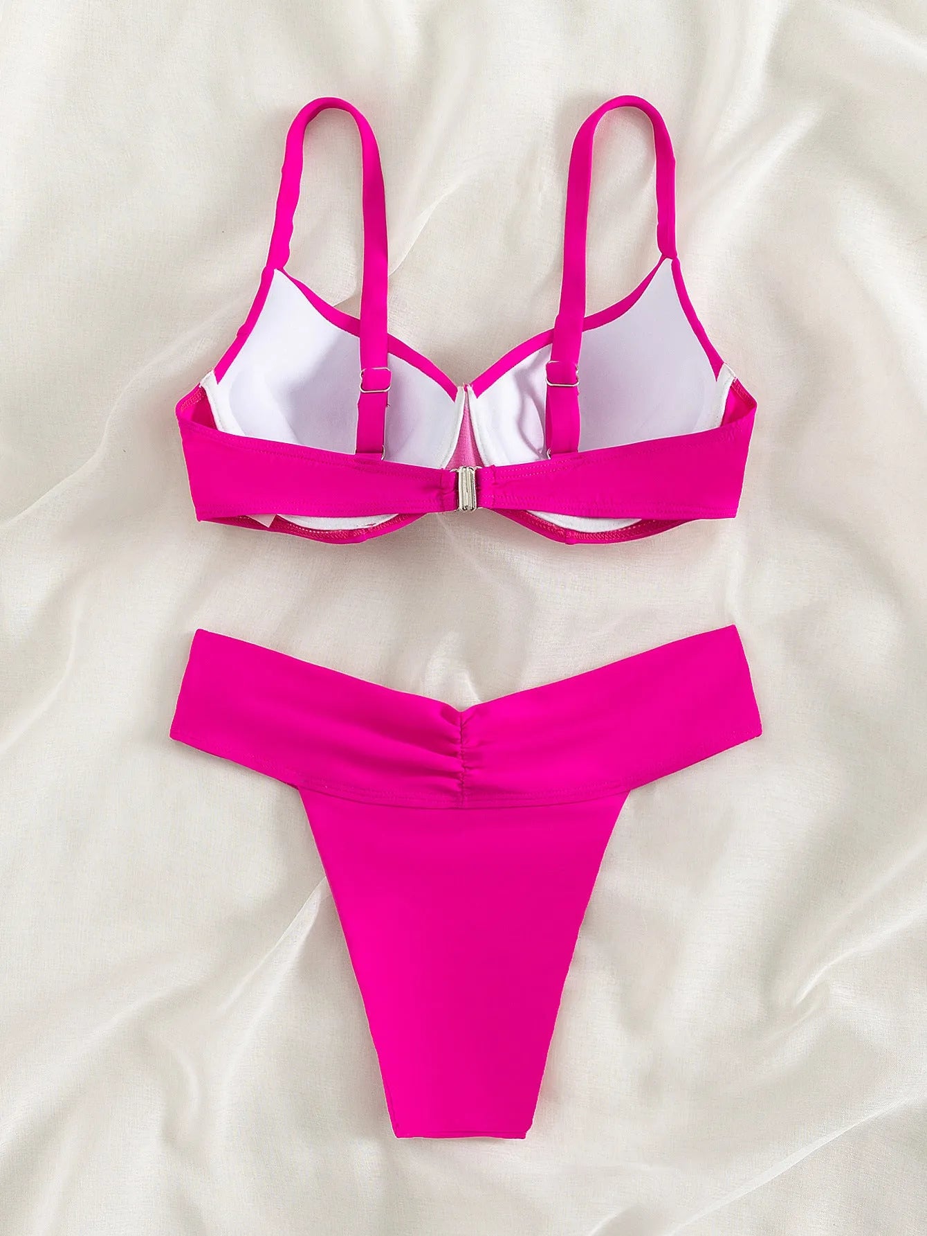 Women's solid colour bikini swimsuit in fluorescent pink, briefs style for swimming