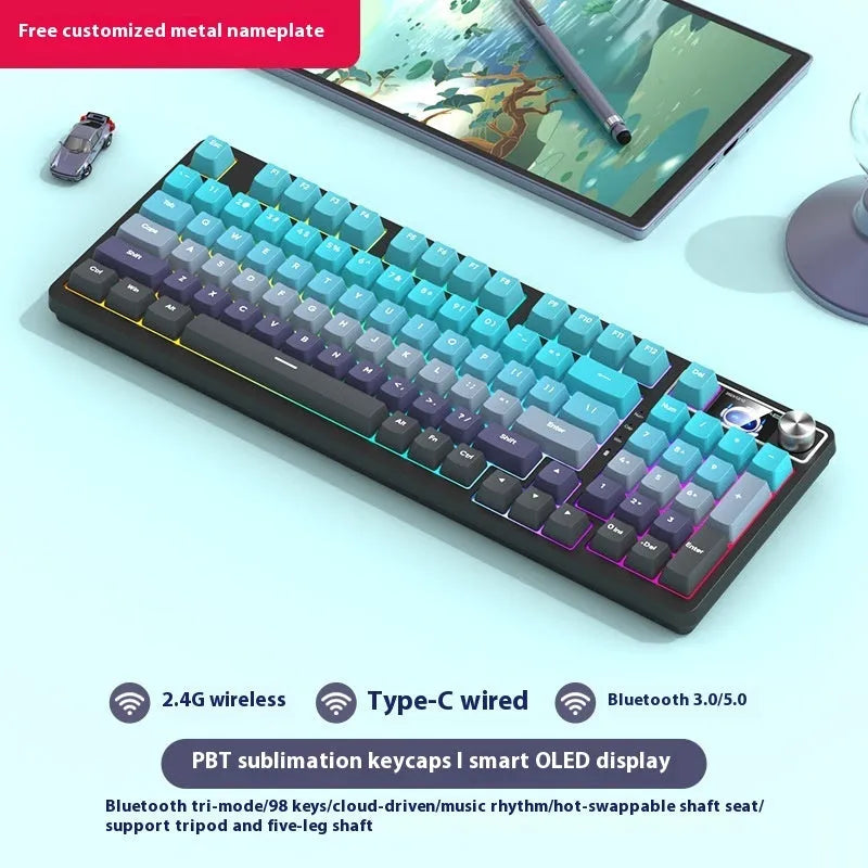 98-key wireless Bluetooth mechanical keyboard kit with metal knob and multiple colour background options