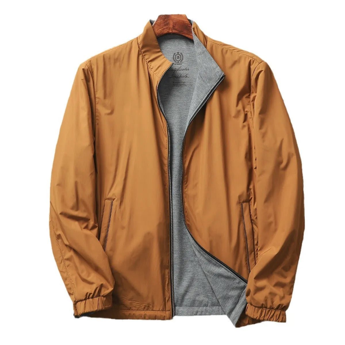 Men's stand collar jacket in polyester blend with cotton lining, shown in Army Green colour.