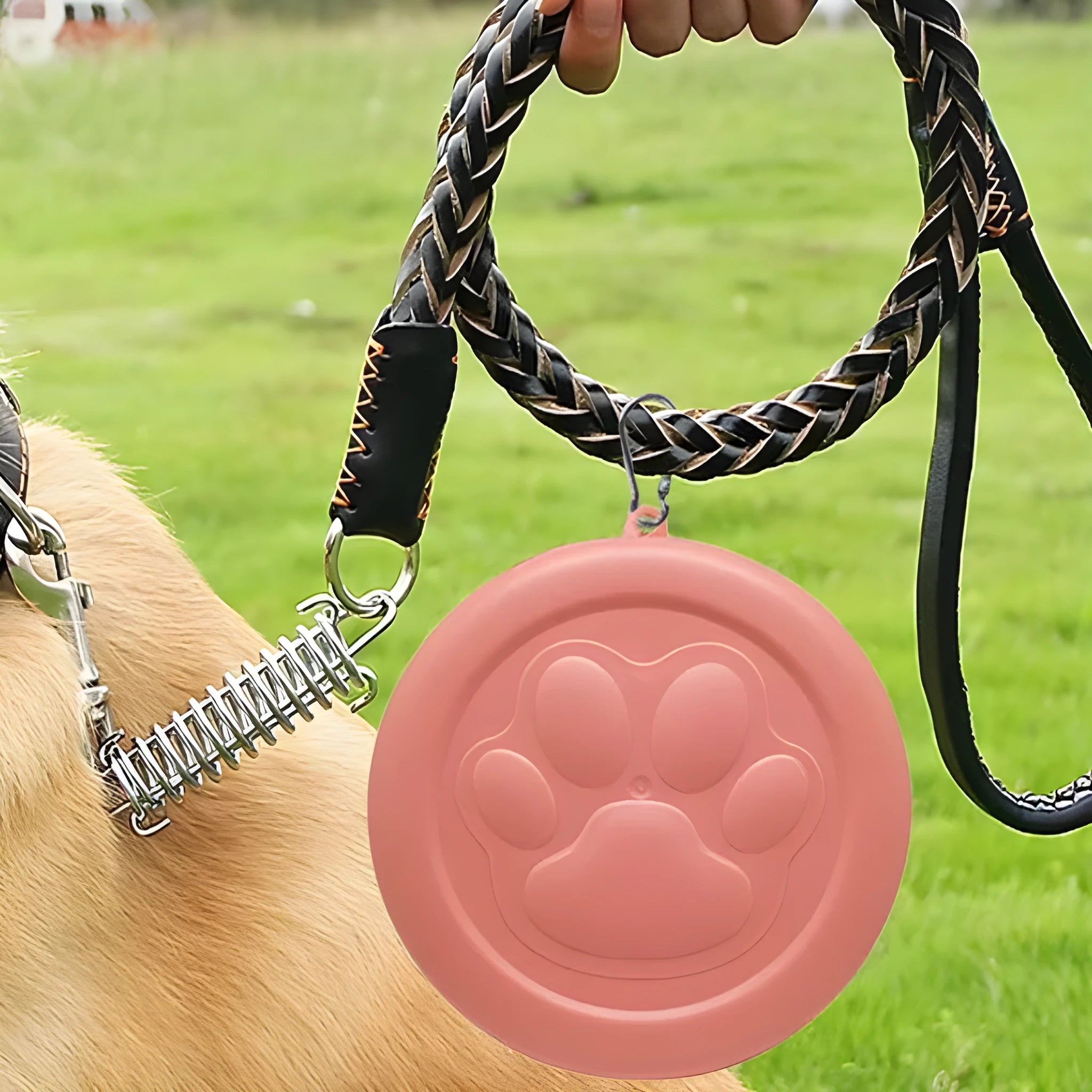 Portable dog food and water bowl showing separate compartments for outdoor feeding