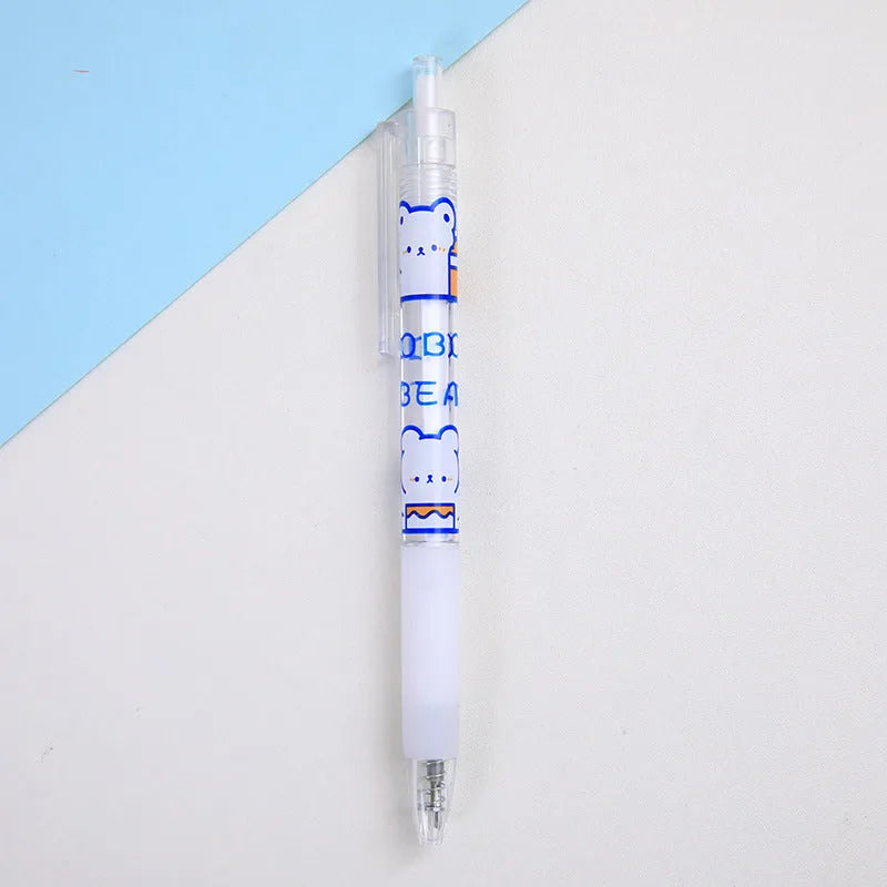 Set of six cute bear and bunny themed press pen knives on a white background.