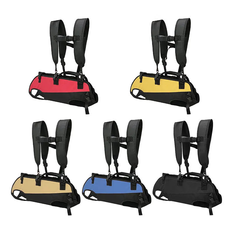 Multifunctional Oxford cloth pet backpack in black with colour accents shown in S, M, L sizes for outdoor walking