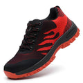 Red men's safety shoes with steel toe cap and breathable mesh upper on anti-slip sole