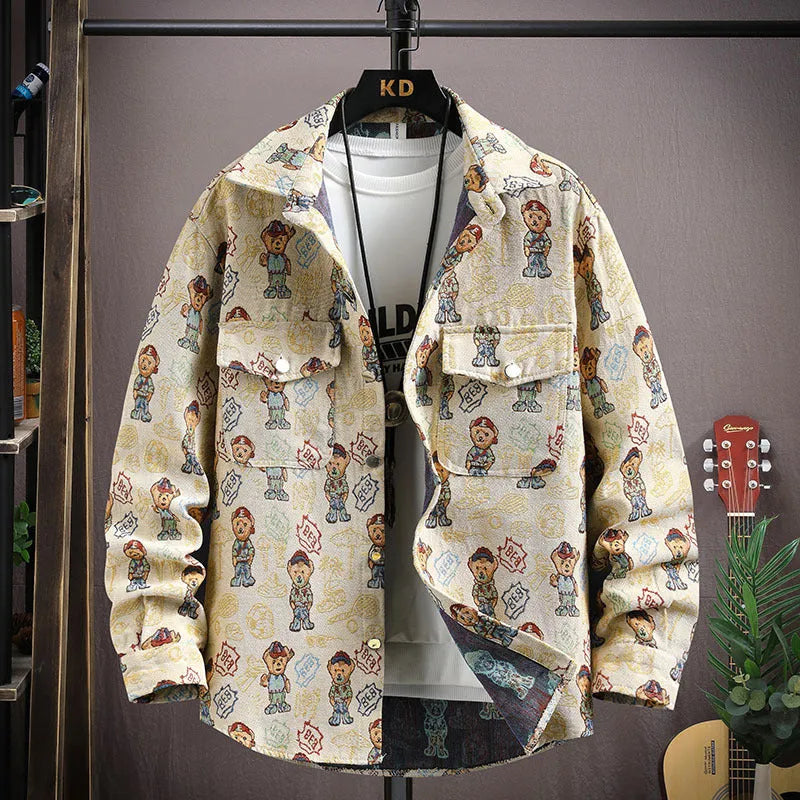Casual lapel shirt coat with straight hem in polyester fabric, showing front view
