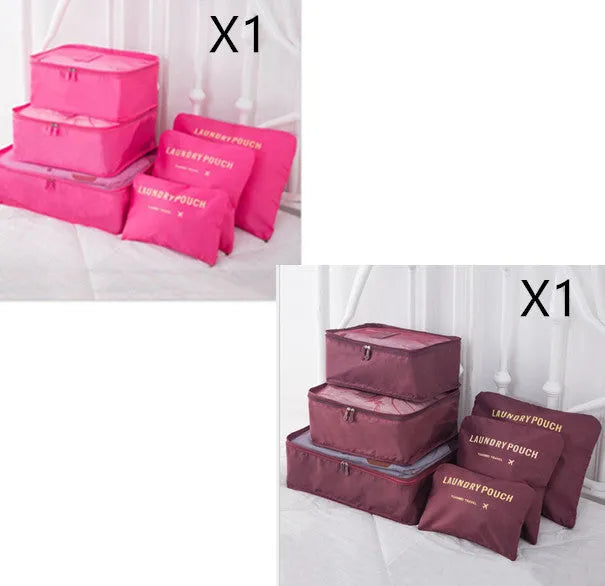 6 piece polyester travel storage bag set in hand bag type shape for clothes and cosmetic organisation, various colour options