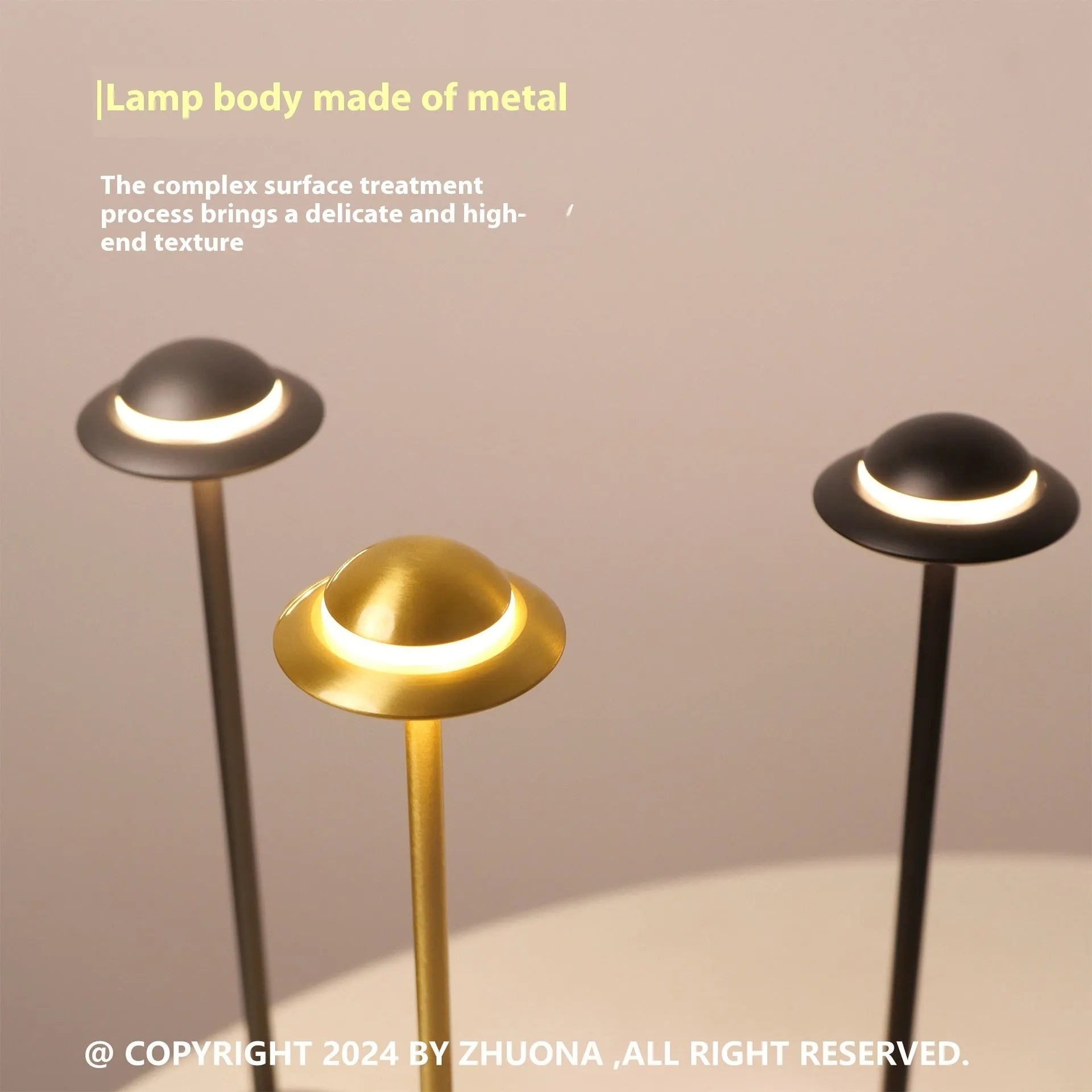 Rechargeable UFO desk lamp with metallic construction in gold, grey or black with touch dimming controls