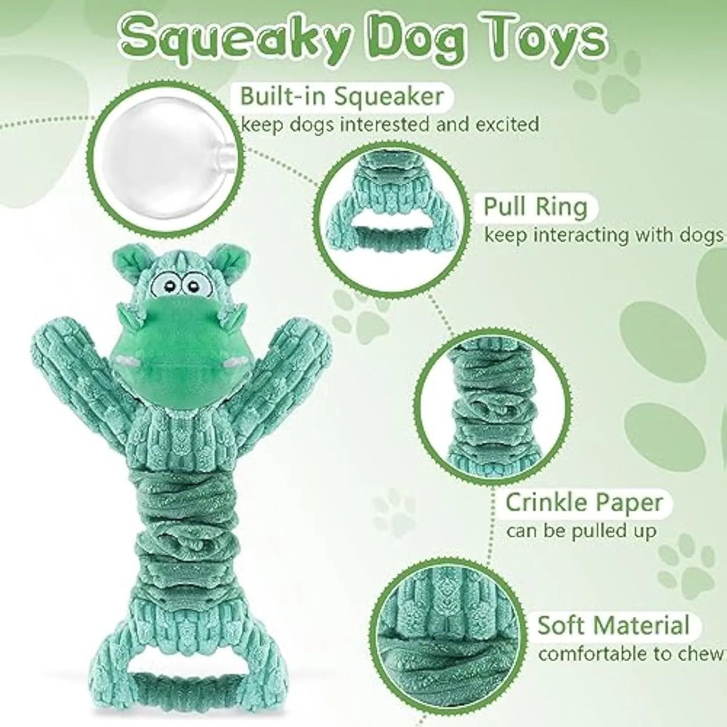 Large plush squeaky dog toy with handle, shown in hippo and monkey designs