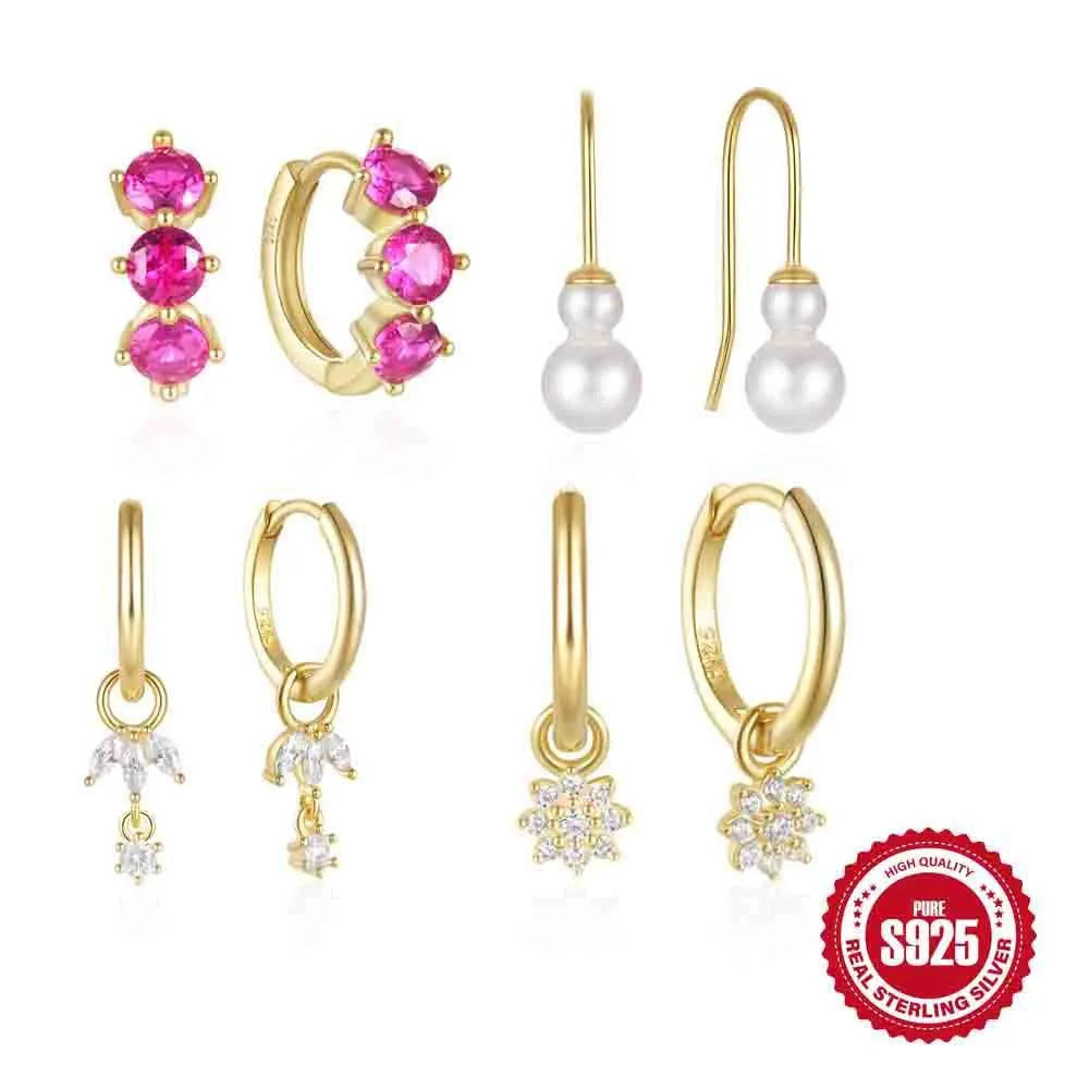S925 sterling silver geometric sunflower stud earrings with golden zircon detail.
