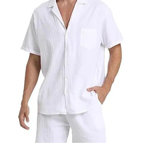 Men's linen short-sleeved shirt and matching shorts set in army green on a mannequin