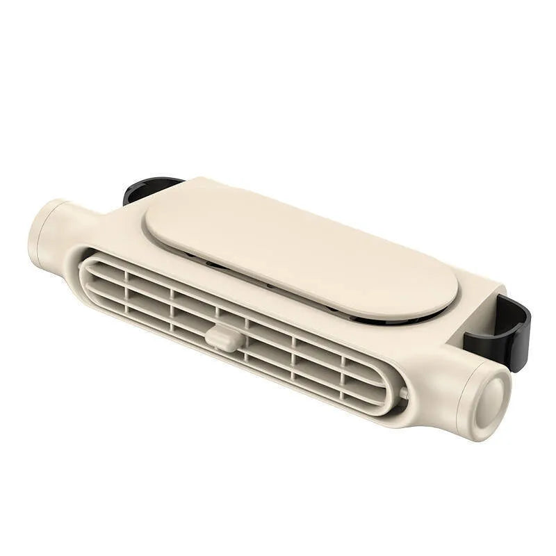 USB car fan in black, white, or beige with brushless motor and three speed buttons