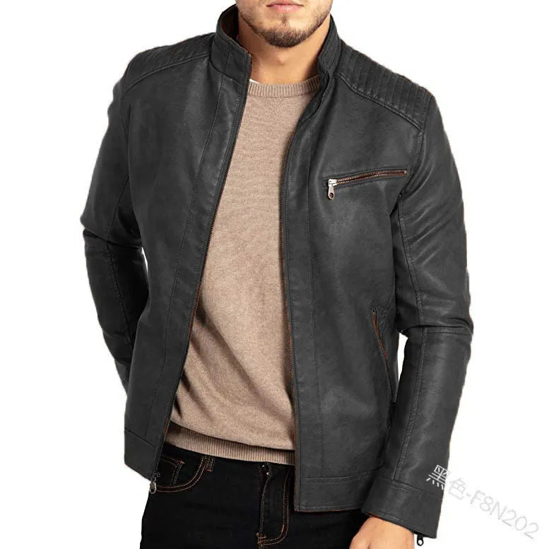 Men's brown artificial leather punk motorcycle jacket with stand collar and patch pockets