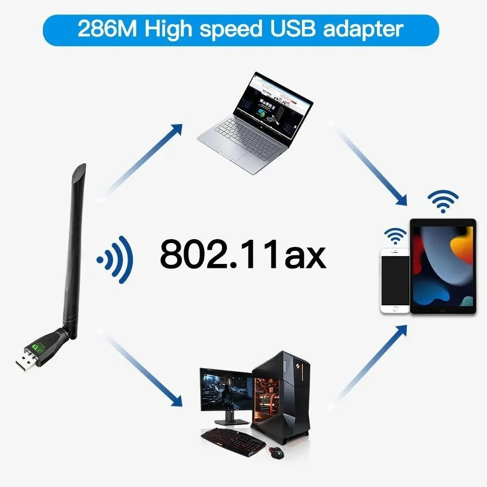 Black USB WiFi 6 wireless network card adapter for desktop and laptop computers