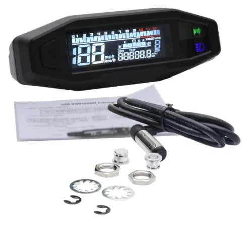 Black motorcycle mini LCD speedometer gauge showing speed, RPM, fuel and oil level on backlit screen