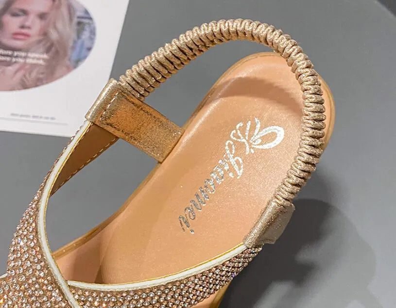 Women's Roman sandals with rhinestones, fish mouth toe, black colour, side view