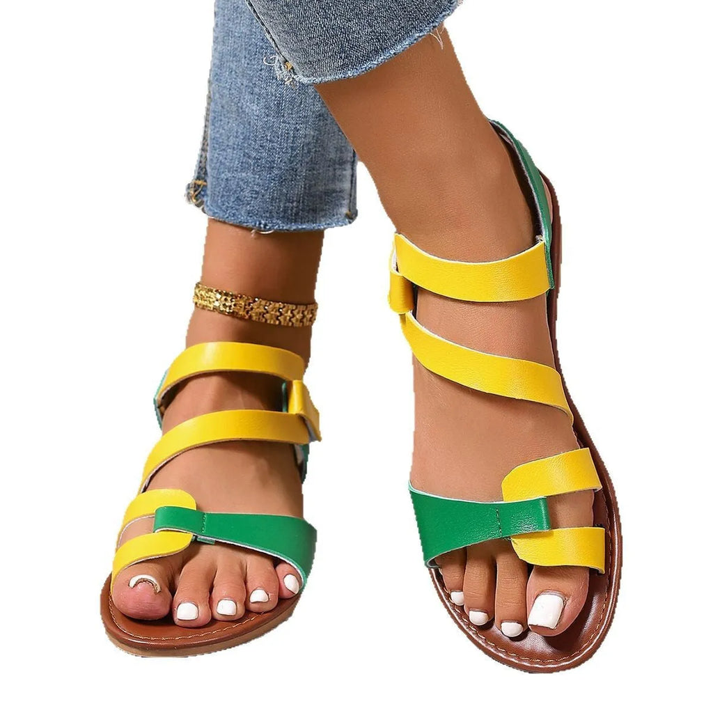 Women's black flat sandals with Velcro fastening and round toe design