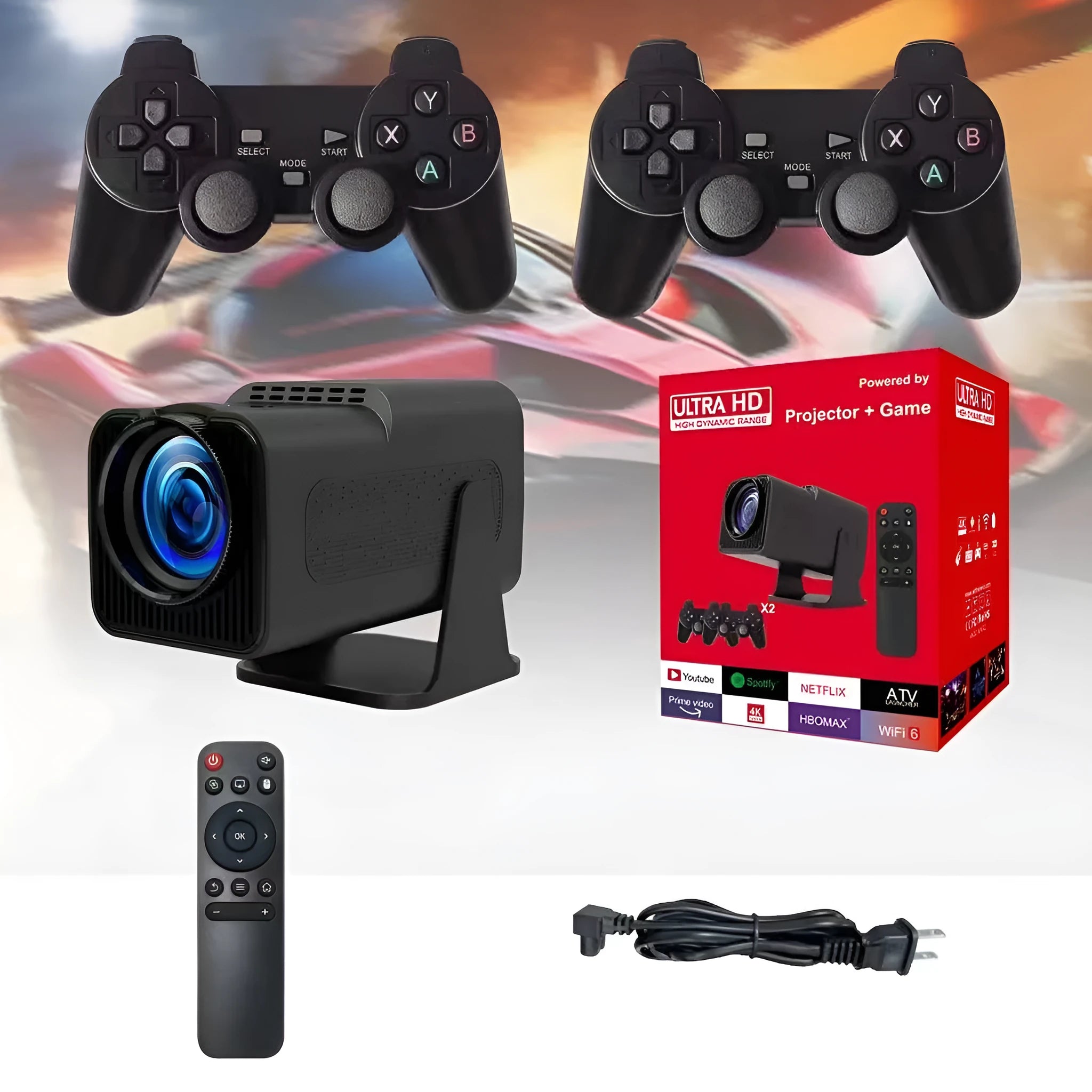 Wireless game machine projector with 720p HD resolution showing international power compatibility symbols