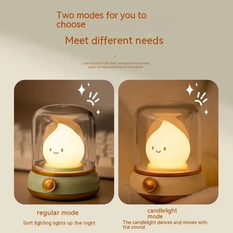 Retro small USB rechargeable night lamp with adjustable warm light on bedside table, compact 100x108x124mm size