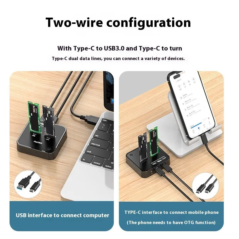 MAIWO K3016 M.2 SSD hard drive dock cloning station with data cables and power adapter