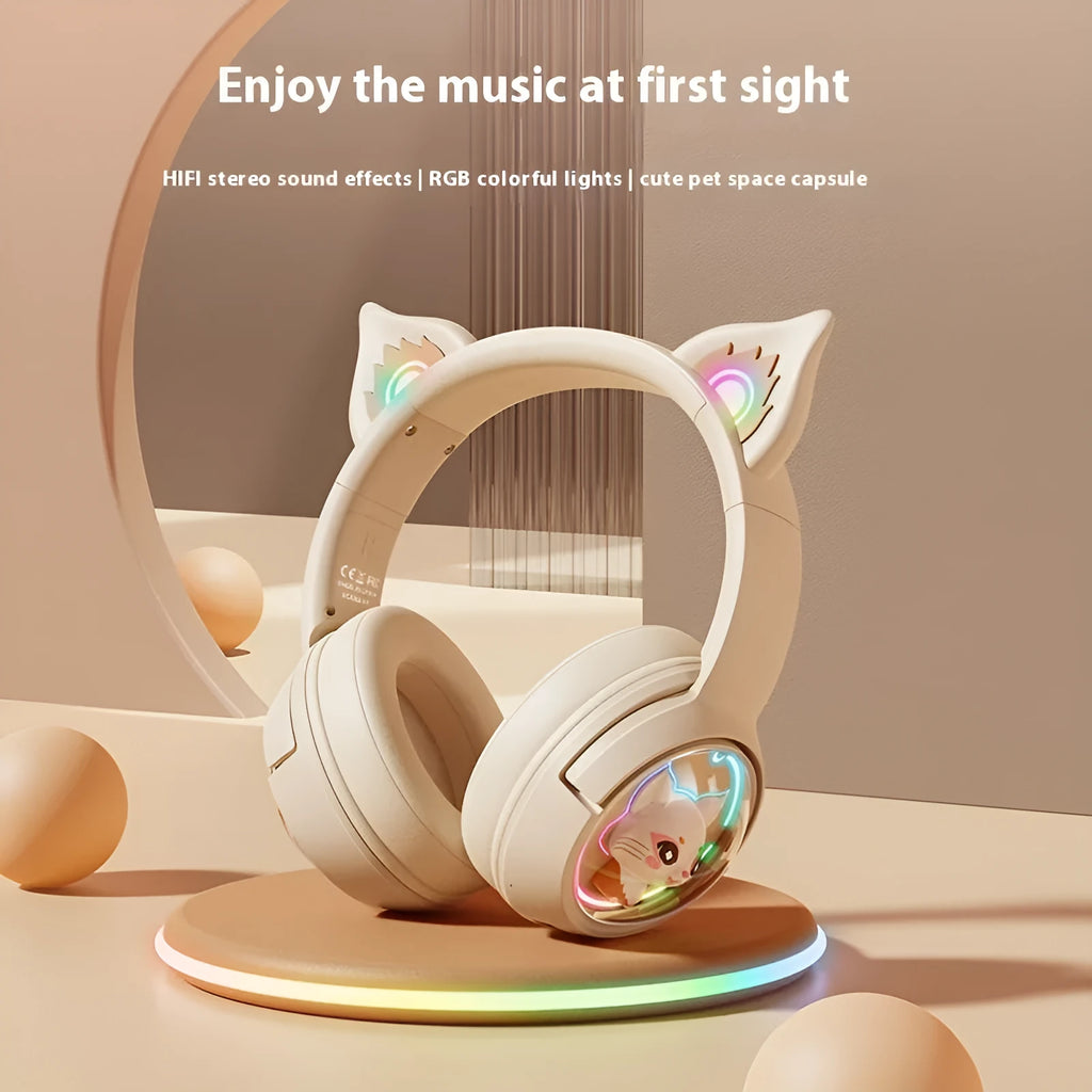 Pink Bluetooth headset with over ear design and breathing light