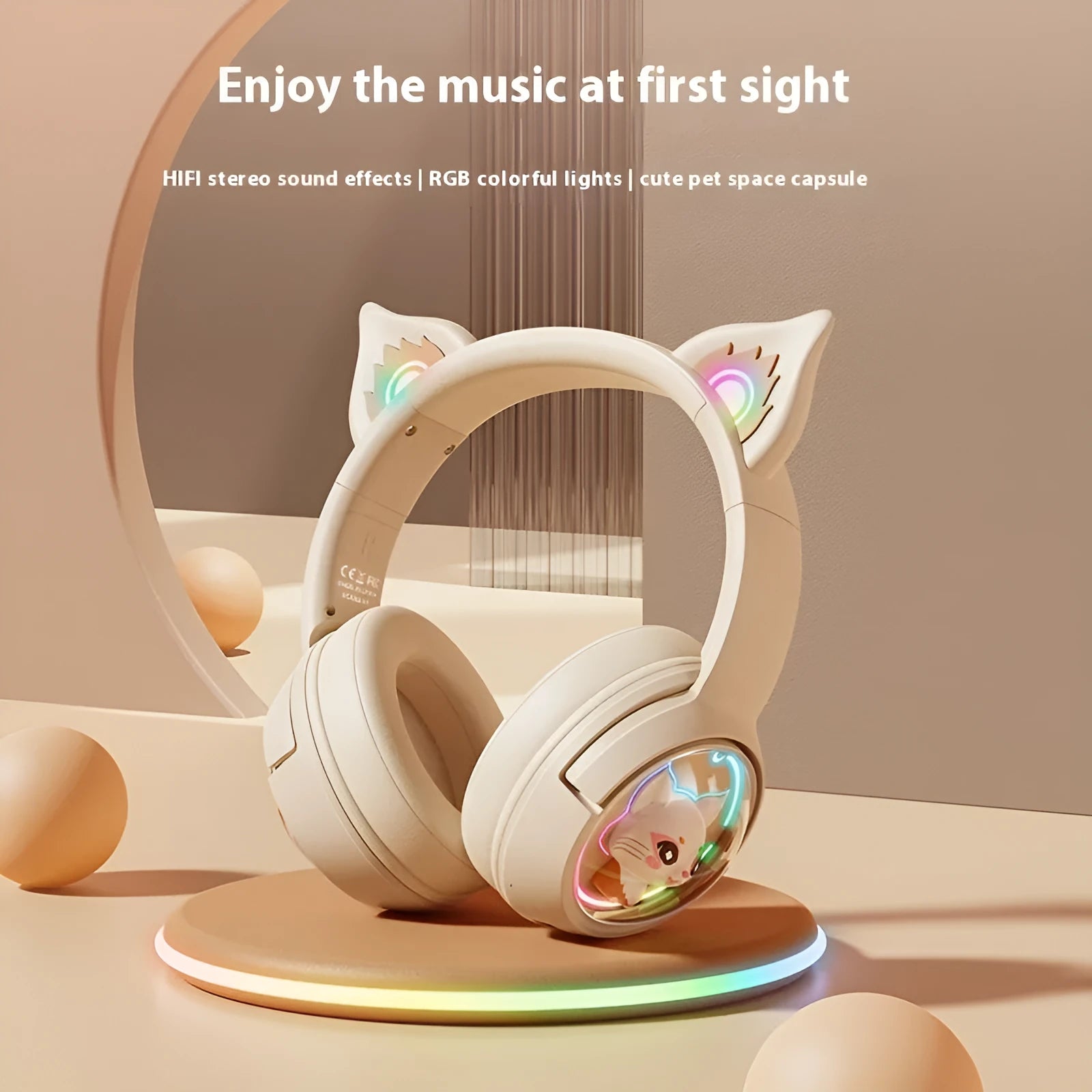 Pink Bluetooth headset with over ear design and breathing light