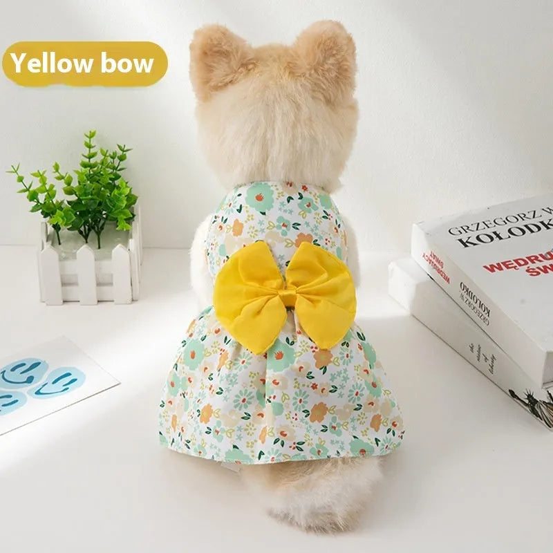 Ultra-thin polyester pet dress with floral butterfly knot and bow decoration for dogs and cats