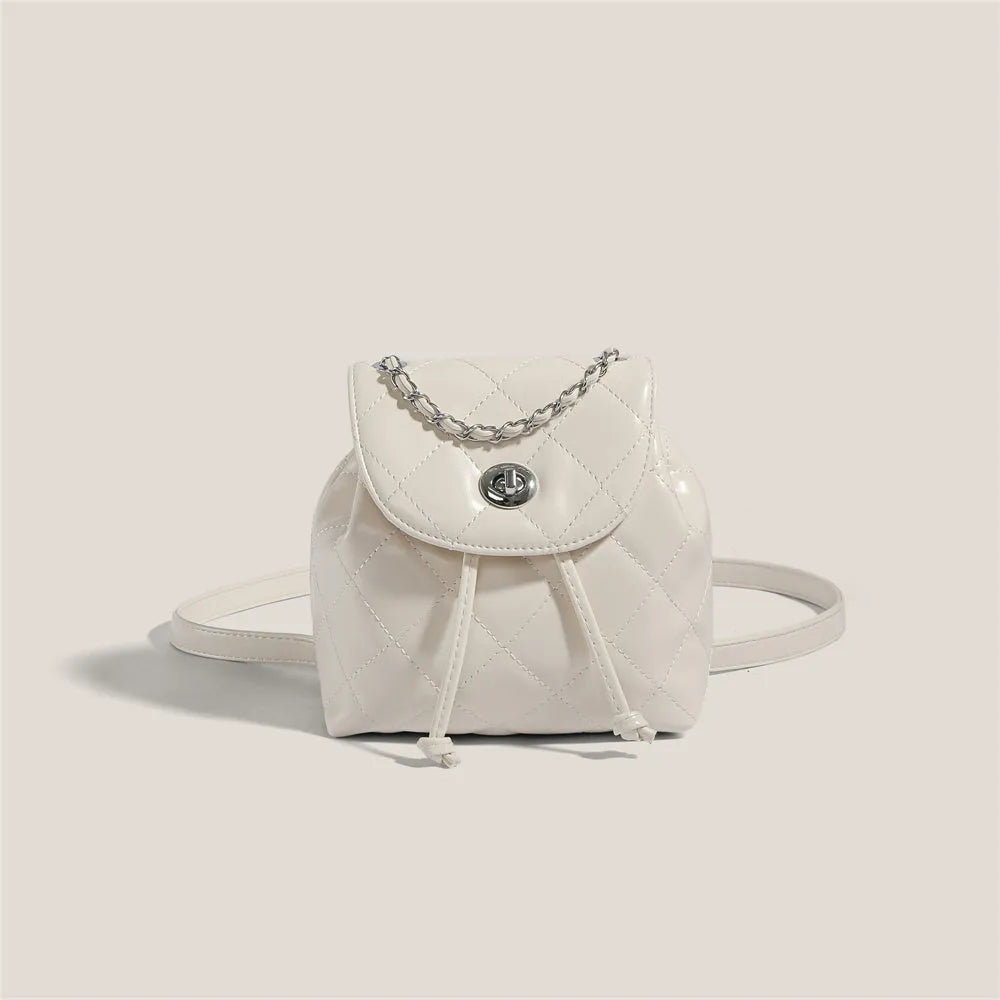 Women's rhombus plaid pattern backpack in PU material, shown in multiple colours.