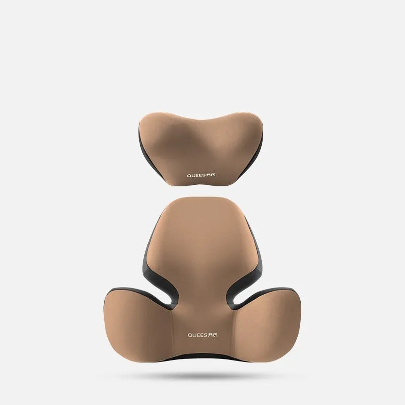 Black and grey memory foam car lumbar support pillow and matching headrest cushion on a car seat.