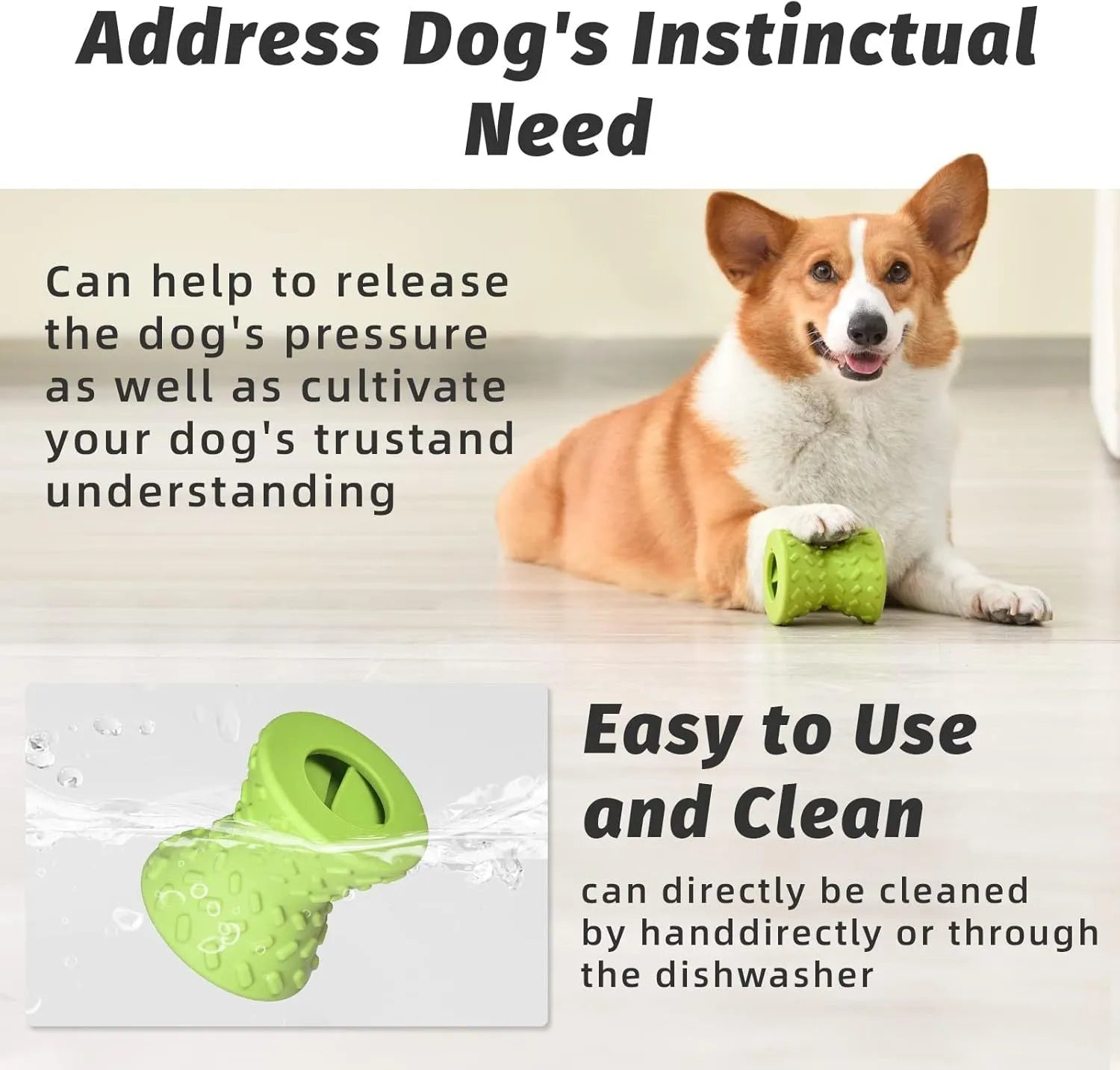 Natural rubber treat dispensing dog toy in bone shape with hollow centre and food leakage holes
