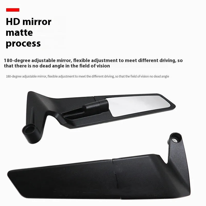 Pair of black aluminium alloy and glass universal motorcycle rearview mirrors with spoiler design on a white background