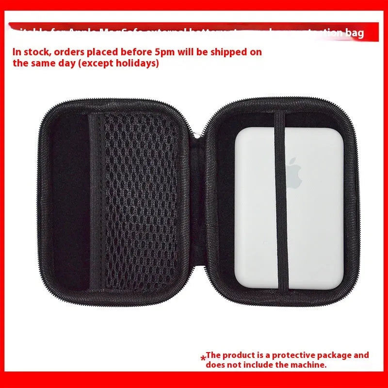 Black hard protective storage case for magnetic wireless power bank, 120x90x27mm, on neutral background