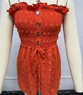 Women's solid colour off-shoulder jumpsuit in polyester fabric showing sleeveless design and mid waist fit