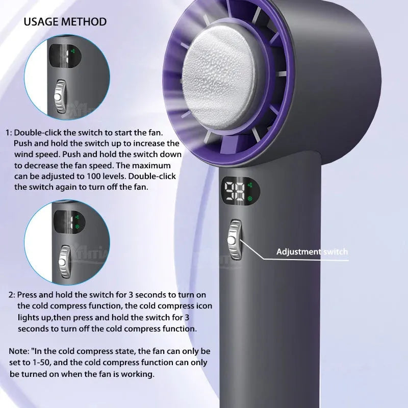 Portable handheld turbo fan with semiconductor cooling, 3000mAh battery, 58x60.5x170mm, in white