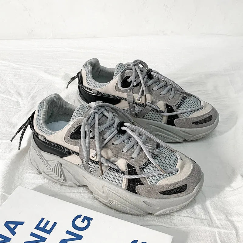 Men's white platform dad shoes with thick sole and lace-up front, Korean style.