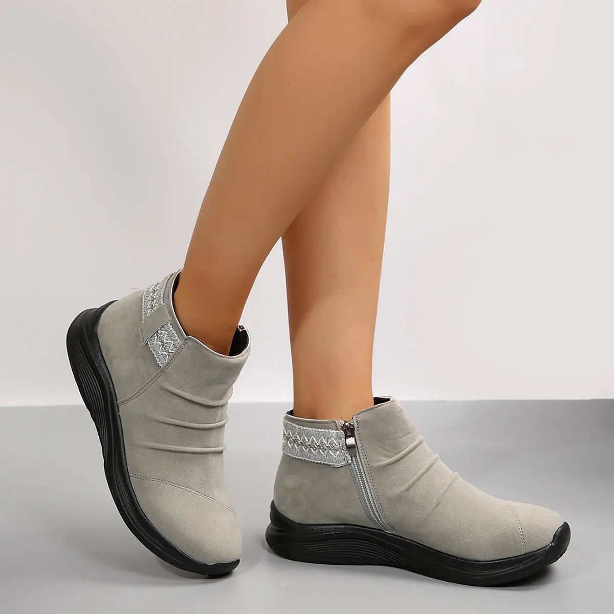 Round head women's frosted martin boots in black with platform heel and side zipper