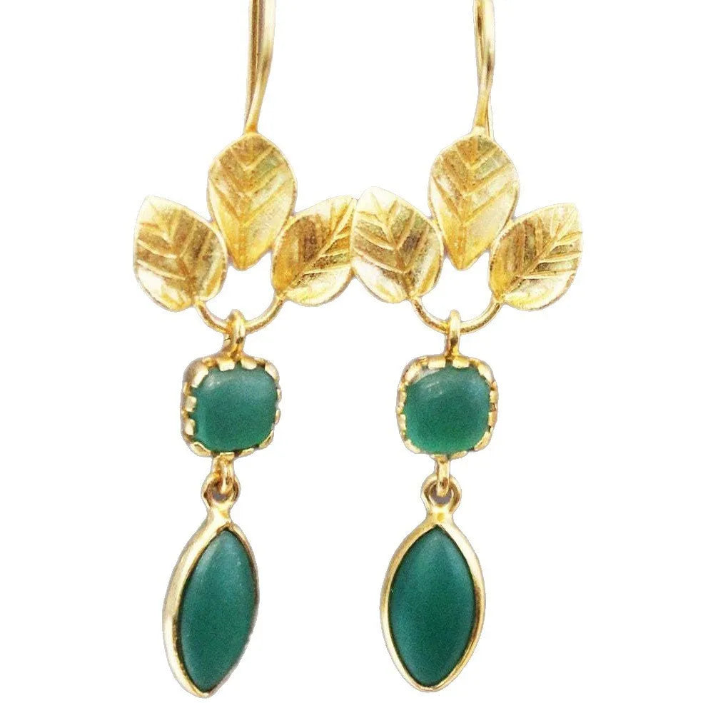 Gold-coloured women's drop earrings with tassel detailing and water droplet elements on copper construction