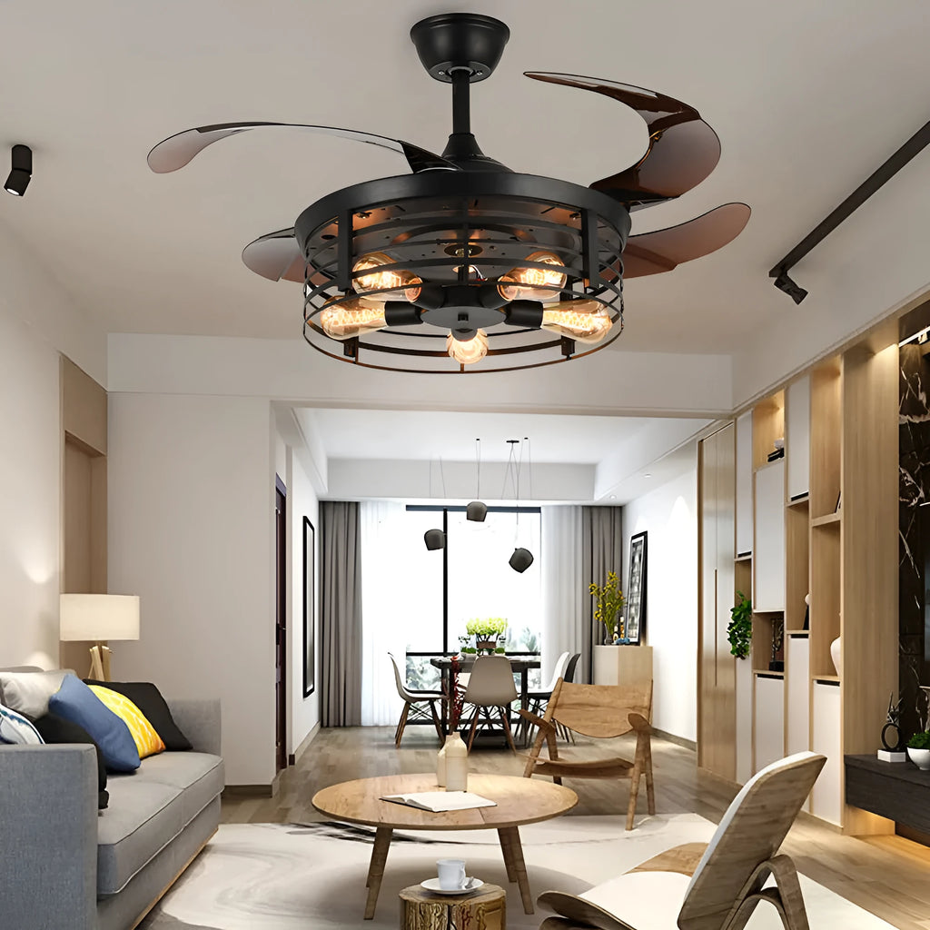 Industrial American retro fan lamp with remote control showing 42-inch diameter and acrylic construction