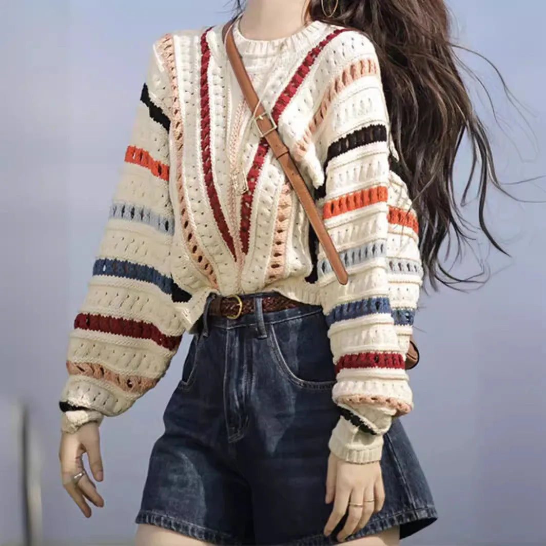 Colourful rainbow striped loose fit pullover sweater with batwing sleeves and hollow knit texture