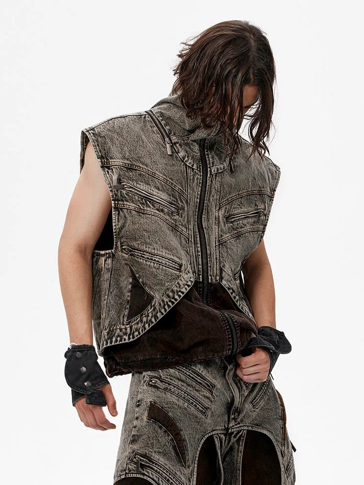 Men's sleeveless denim vest with front zipper in cotton fabric for summer casual wear