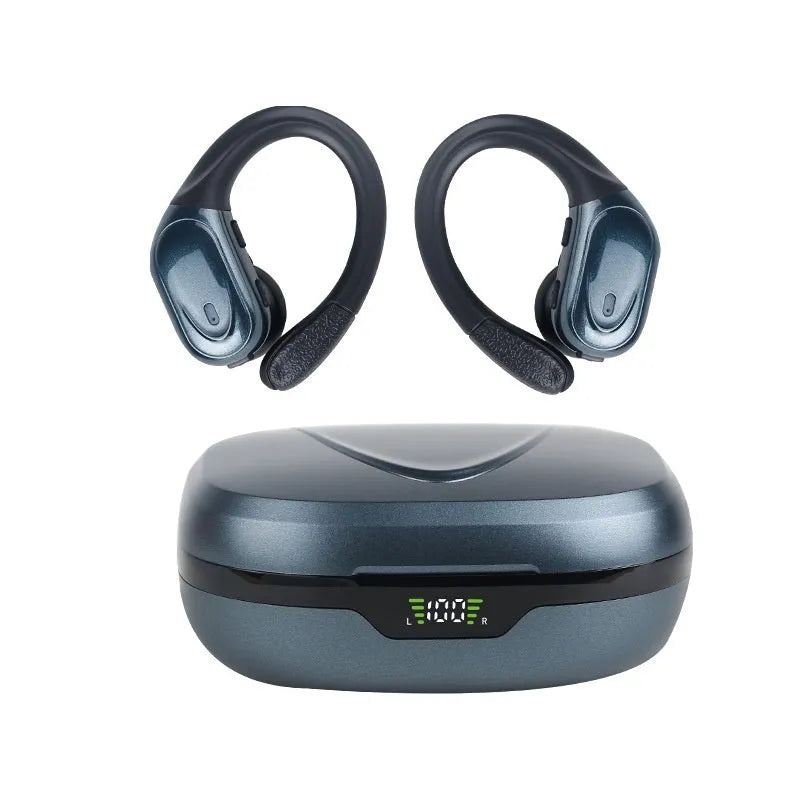 Wireless ear hook headphones with digital display charging case in black colour, noise reduction sports earbuds