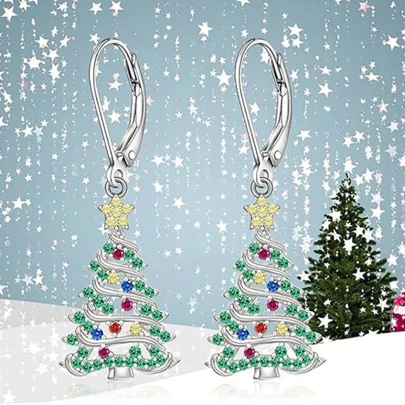 Women's Christmas tree earrings with star-shaped design in white gold colour finish