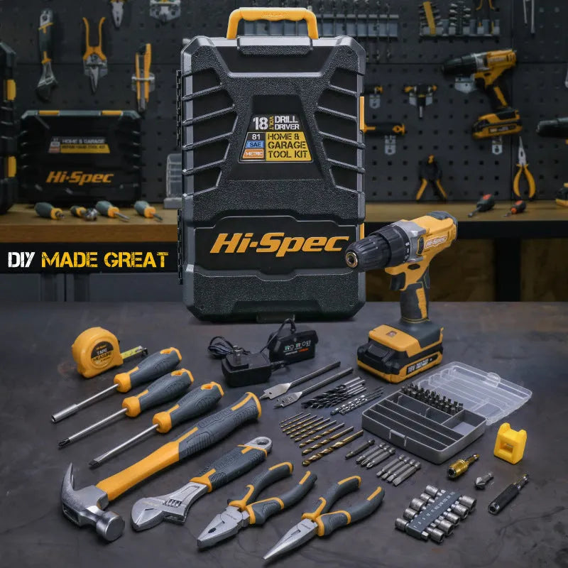 82-piece grey and yellow toolbox with chrome-vanadium steel tools for furniture installation