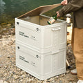 Large white foldable plastic storage box with a wooden lid for household organisation.