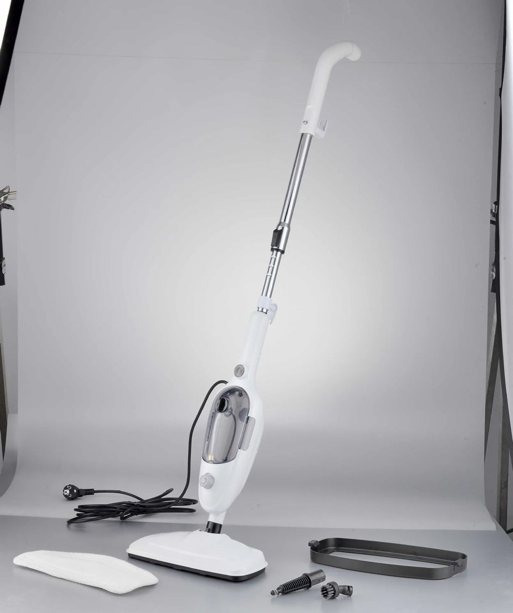 White steam mop with rectangular chassis, 1300W power, 10-in-1 cleaning accessories set, and carpet glider for hard floor cleaning