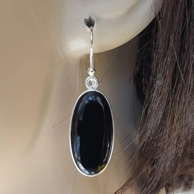 Women's geometric black agate pendant earrings with 925 silver electroplated alloy